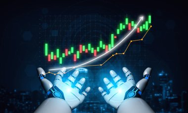 Bu resim, yenilik ve teknolojiyi vurgulayarak, dijital finansal verilerle uğraşan, eğilimleri gösteren ve borsa analizinde büyüyen gelecekçi robot elleri tasvir ediyor. Etki