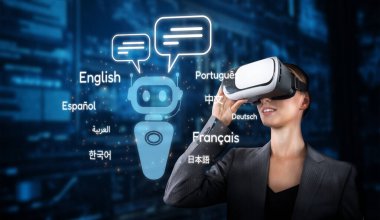 Profesyonel bir kadın sanal gerçeklik kulaklığı takıyor, yapay zeka ile çalışan dil çeviri özelliklerini keşfediyor, ileri teknoloji ortamında iletişim gelişmeleri sergiliyor. XDMCP