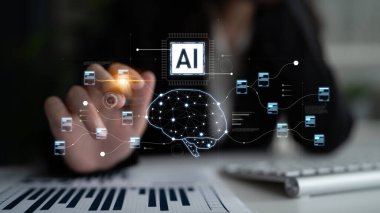 Yapay zekayı beyin yapısı, çip ve bağlı veri bloklarını hesaplama ve öğrenme için görselleştiren yapay zeka ve veri işleme sistemi