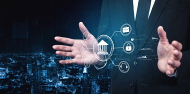 A concept of digital banking and online financial technology FinTech services. A central platform for secure transactions, support, and business finance. Motif