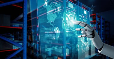 Yenilikçi endüstri robotu insan işçiler için depoda çalışıyor. Sanayi devrimi ve otomasyon üretim süreci için yapay zeka kavramı .