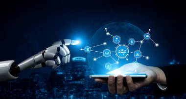 Akıllı telefona dokunan, teknoloji ve insan etkileşiminin karışımını sembolize eden, iletişimin geleceğini gösteren büyüleyici bir robot el çizimi. Tessel