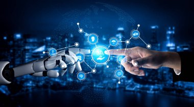 İnsan elinin robot ele uzanan ve modern bir şehir manzarasındaki teknoloji ve insan etkileşimini sembolize eden çarpıcı bir görsel tasviri. Tessel