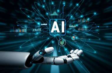 The power of Artificial Intelligence AI in business data analysis and analytics. A concept of AI for data visualization, reporting, and insights. Motif