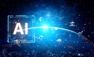 Bir Yapay Zeka platformu fikri. Sistem veri analizi, bulut hesaplaması ve büyüme için otomasyon gibi çeşitli iş süreçleriyle bütünleşir. Fermion