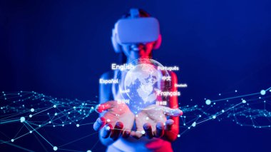 Birden fazla dille küresel iletişim. Çevrimiçi dil çalışmasına sahip dijital sanal gerçeklik küresi, çevirmenlik dersi ve bağlı VR dünyasında uygulama yetenekleri. EIDE