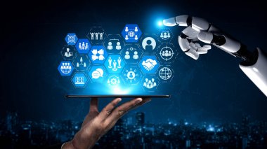 İletişim, takım çalışması ve modern ilişki kurma entice gösteren insan bağlantıları, işbirliği ve dijital topluluk simgeleri ile yapay zeka destekli ağ oluşturma