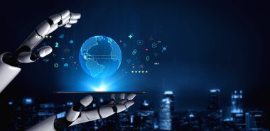 Bir yapay zeka, dünya çapında bilgi ve çevrimiçi hizmetleri bulmak için küresel arama motoruna güç verdi. İnternet taraması ve e-ticaret için yapay zeka konsepti. Motif