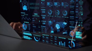 Tedarik zinciri yönetim arayüzü teslimat güzergahlarını, depo verimliliğini, maliyet tasarruflarını, araç takibini, satın alma işlemlerini ve sözleşme aşamalarını gösteriyor. Gelecekçi tedarik zinciri izleme sistemi. Thunk