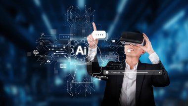 Profesyonel bir adam modern bir ortamda etkileşimli dijital arayüzler aracılığıyla yapay zeka sistemlerini keşfetmek için gelişmiş sanal gerçeklik teknolojisiyle uğraşır. XDMCP