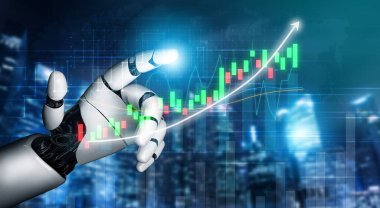 Yükselen finansal grafiklere işaret eden robotik bir elin yakın çekimi, dijital bir manzara içindeki borsa analizindeki otomasyonu sembolize ediyor. Etki