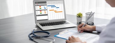 Ekip projesinin zaman çizelgesini gösteren bilgisayar ekranında canlı iş projesi yönetimi için proje planlama yazılımı