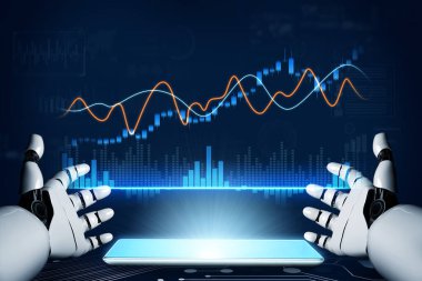 Robot eller, modern bir bağlamda teknoloji ve yatırımın füzyonunu somutlaştıran canlı finansal veri analizlerinin sergilendiği bir akıllı telefon gösterisiyle meşgul oluyor. Kafa derisi