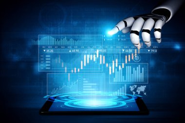 Yüksek teknolojili bir robot el, bir tablette gösterilen interaktif dijital finansal verilerle meşgul oluyor ve bu da yapay zekanın finans sektörüne entegrasyonunu gösteriyor. Kafa derisi