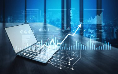 Modern bir dizüstü bilgisayarda, şirket ortamında büyümeyi ve başarıyı temsil eden dijital grafikler gösterilerek, veri analizlerinin iş stratejisindeki önemi vurgulanıyor. Kafa derisi