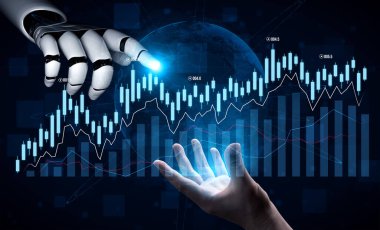 Bu resim, bir robot el ile insan eli arasındaki gelecekteki etkileşimi yakalar, teknoloji ve insan icadı arasındaki sinerjiyi bir veri tablosuna karşı sembolize eder. Kafa derisi