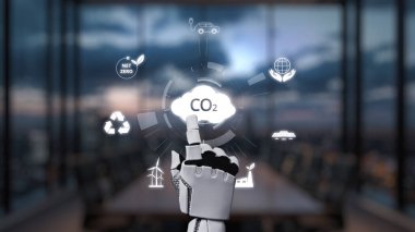 Bir robot el, karbondioksit emisyonlarını ve sürdürülebilirlik kavramlarını gösteren dijital bir arayüzle etkileşime girer ve çevresel yönetimdeki modern teknolojik gelişmelerin özünü yakalar. Auvana
