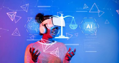 Genç bir birey sanal gerçeklik deneyimi yaşar, yapay zeka, ahlak kavramlarını ve dijital bir gelecekteki hukuki sonuçları araştırır. XDMCP