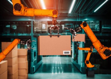 Yenilikçi depo ve fabrika dijital teknolojisi için akıllı robot kol sistemi. İnternet ağına bağlı IOT yazılımı kullanarak endüstri mühendisliği tarafından kontrol edilen otomasyon üretim robotu .