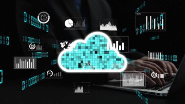 Bir profesyonel, dinamik veri görselleriyle çevrili ve modern bir çalışma alanında analitik ve iş sezgilerini gösteren bir dizüstü bilgisayardaki bulut teknolojisine bağlanır. Xenic