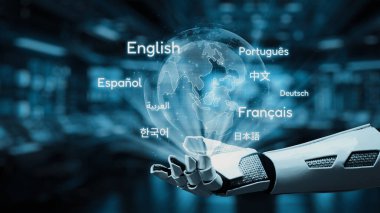 Gelecekçi bir robot el, dillerin isimleriyle çevrili, küresel iletişimi ve kültürlerin teknoloji yoluyla yakınlaşmasını sembolize eden parlayan bir küreye doğru uzanır. Auvana