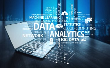 Makine öğrenme ve bulut hesaplama gibi temel veri analizi kavramlarını gösteren grafiklerle dolu bir dizüstü bilgisayar gösteren modern bir dijital çalışma alanı. Tessel