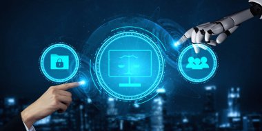 AI for data privacy protection and cyber law regulation. A concept of digital justice, user rights, and security policy with AI information protection. Motif