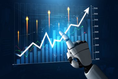 Robotik bir el, iş dünyasındaki gelişmiş veri analizi ve fütüristik teknolojiyi vurgulayarak, finansal büyümeyi temsil eden dinamik bir dijital grafiğe işaret ediyor. Kafa derisi
