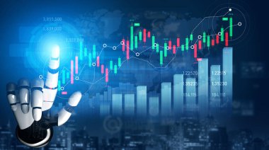 Fütürist bir robotik el, canlı borsa verileriyle etkileşime girer, yüksek teknolojili bir finans ortamında grafikler ve eğilimler gösterir. Finans ve teknoloji kavramlarını resmetmek için mükemmel. Kafa derisi