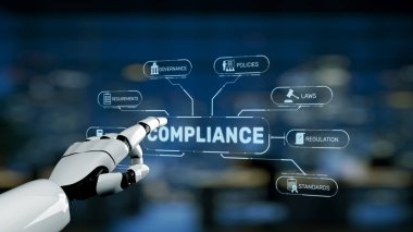 Teknolojinin modern iş uygulamalarına entegrasyonunu vurgulayan bir robot el, yönetim, politikalar, yasalar ve düzenlemeleri gösteren sanal bir uyum grafiği ile etkileşim halindedir. Sinaps