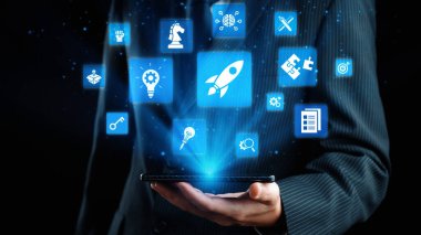 Innovation icons show creativity, teamwork, and project development. Innovation helps organizations design solutions, build strategy, and grow with new business opportunities. Gist