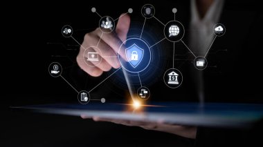 A complete cybersecurity system concept. Providing network protection for online banking, cloud data, financial transactions, and personal identity with secure authentication. Fermion