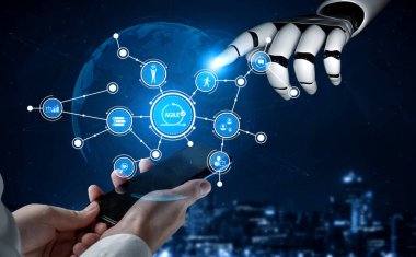 Bir robotik el, dijital ağın ortasındaki akıllı telefonla etkileşime girer ve gelecekteki bir dünyada teknolojinin ve iletişimin füzyonunu temsil eder. Tessel