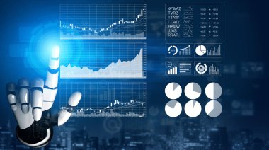 Teknoloji ve finans sektörünün kesişmesini sembolize eden çeşitli finansal tablolar ve veri göstergeleriyle etkileşime giren robotik bir elin yakın çekimi. Etki