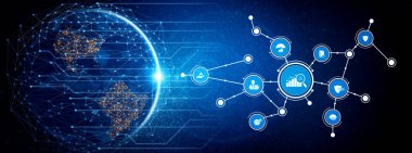 Dünya küresi ve dijital ikonlara sahip küresel bir ağın görsel temsili teknolojiyi, veri güvenliğini ve iletişimi fütüristik mavi arka planda resmediyor. Tessel