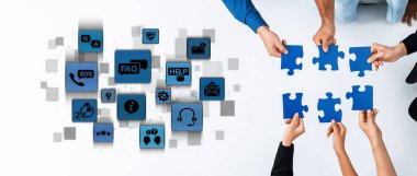 FAQ and online help icons show question, answer, and support system. FAQ improves online help experience, customer service quality, and FAQ knowledge access. Entice