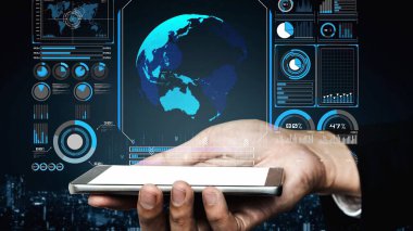 Dünya çapında dijital iletişimi, veri alışverişini ve internet bağlantısını gösteren yüksek teknolojili küresel ağ bağlantı arayüzü. Küresel bağlantı, veri etkileşimi ve dünya çapında iletişim. Thunk