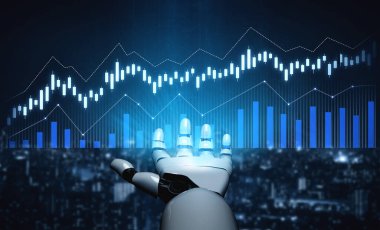 Robotik bir el, teknoloji ve finansmanın kesişimini gösteren, büyüme ve yeniliği temsil eden parıldayan bir dijital veri görselleştirmesine uzanırken resmedilir. Kafa derisi