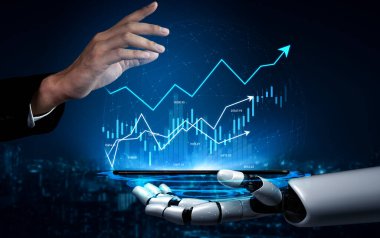 Gelişmiş veri analizi ve büyüme eğilimleri için teknoloji ve insanlar arasındaki işbirliğini sembolize eden, robot bir elle etkileşen bir insan elinin büyüleyici bir tasviri. Kafa derisi