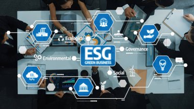 Sürdürülebilirlik ve büyümeyi amaçlayan işbirlikçi bir ortamda ESG ilkelerini vurgulayan, yeşil iş stratejileri üzerine odaklanmış modern bir şirket toplantısını keşfedin. Dostluk