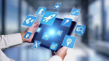 Innovation icons show creativity, teamwork, and project development. Innovation helps organizations design solutions, build strategy, and grow with new business opportunities. Gist