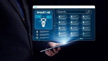 Bu resim, modern dijital ortamda çalışan yönetimi ve veri analizini vurgulayarak yapay zeka tarafından desteklenen yenilikçi bir insan kaynakları teknolojisi arayüzü sergiliyor. Dörtgen