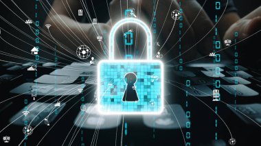 Siber güvenliği simgeleyen bir kilidin canlı dijital temsili. Kilidi çevreleyen teknoloji simgeleri dijital çağda veri korumanın önemini vurguluyor. Xenic