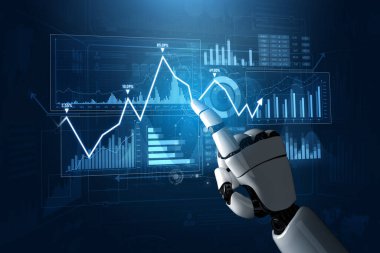 Dinamik dijital grafikler ve istatistiklerle etkileşen robot bir el, teknolojinin finansal analiz ve karar verme mekanizmasına entegrasyonunu gösteriyor. Kafa derisi