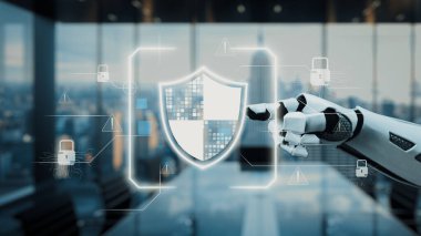 Gösterişli bir ofiste dijital siber güvenlik kalkanına uzanan fütürist bir robot el, veri koruma ve yenilikte ileri teknoloji rolünü sembolize ediyor. Auvana