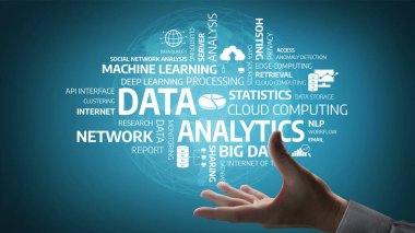 Bu resim veri analizlerinin dijital temsiline uzanan bir eli gösteriyor, bulut hesaplama ve makine öğrenmesi gibi elementleri vurguluyor, yeniliği sembolize ediyor. Tessel
