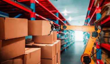 Yenilikçi depo ve fabrika dijital teknolojisi için akıllı robot kol sistemi. İnternet ağına bağlı IOT yazılımı kullanarak endüstri mühendisliği tarafından kontrol edilen otomasyon üretim robotu .