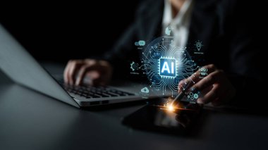 Concept of an enterprise Artificial Intelligence solution. A central processor powers machine learning for business automation, innovation, and intelligent data analysis. Fermion