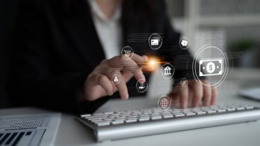 A fintech concept showing a network of digital banking services. This includes secure online payments, global transactions, and e-commerce for the modern financial system. Fermion