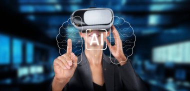 Sanal gerçeklik ortamında bir profesyonel, üretken yapay zeka kavramlarıyla etkileşime girer ve modern dijital ortamlarda teknoloji ve yeniliğin entegrasyonunu gösterir. XDMCP